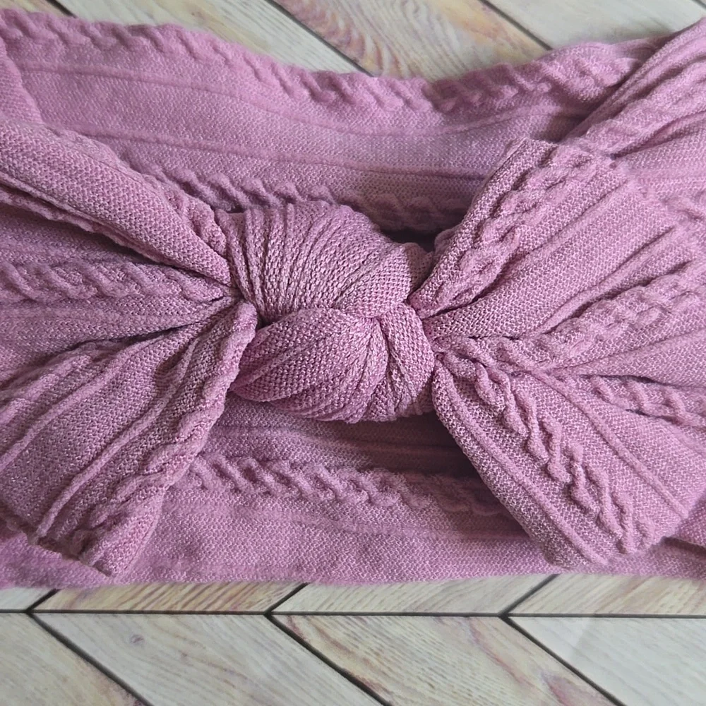 Boho Bowknot Headband Cable Knit Baby Girl Nylon Mauve Kids Handmade Hair Band